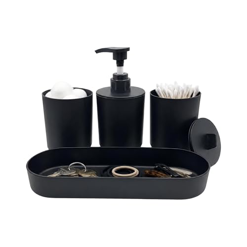 LGURT Matte Black Bath Accessories — 4-Pc Dispenser, Tumbler, Cup & Tray | Plastic, Lotion 10oz / 300ml, Vanity Tray (7.87"×2.56"), Compact for Dorm & Rentals. - color: Model 1-matte Black