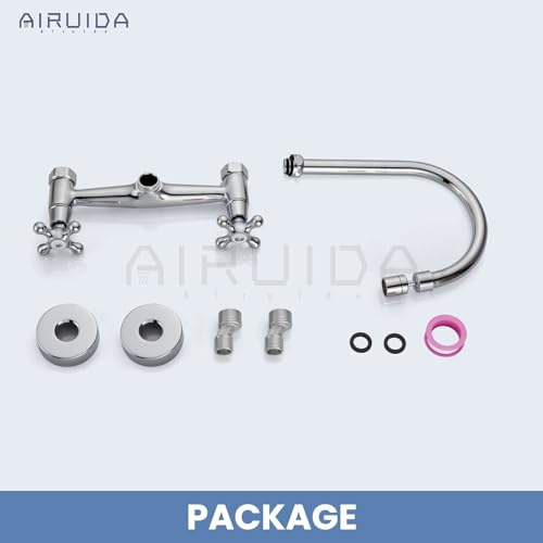 Airuida Chrome Polish Wall Mounted Kitchen Faucet,Utility Sink Faucet | 8 Inch Adjustable Center,360° Swivel Spout,Wall Mount Commercial Faucet,Double Cross Handle - color: Chrome Polish