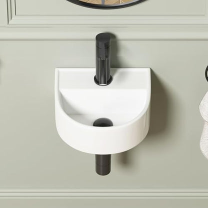 Wall Hung Bathroom Vessel Sink, QISHKA 12.5" X 11.5" Semi-Oval Floating Ceramic Wash Hand Basin White Wall Mount Vanity Sink for Small Bathroom and Small Cloakroom - size: 12.5" x 11.5" x 5.2"