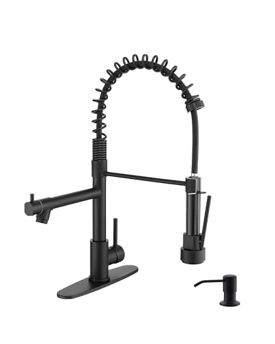 AIMADI Black Kitchen Faucet with Pull Down Sprayer,Dual Outlet | Spring Stainless Steel Body,360° Swivel,2 Spray Modes,for Farmhouse RV 1 or 3 Hole Sink,Soap Dispenser Included - color: Matte Black, style: Classic