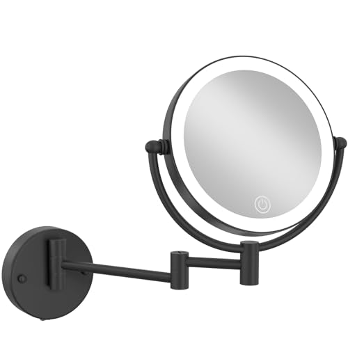 Brass Lighted Wall Mount Magnifying Makeup Mirror for Bathroom, Hardwired | 3 Color LED Lighting Touch Sensor Dimming, 360 Swivel Extendable Arm 2 Sided 1X/10X Vanity Shaving 8" SPA Hotel, Matte Black - color: Matte Black