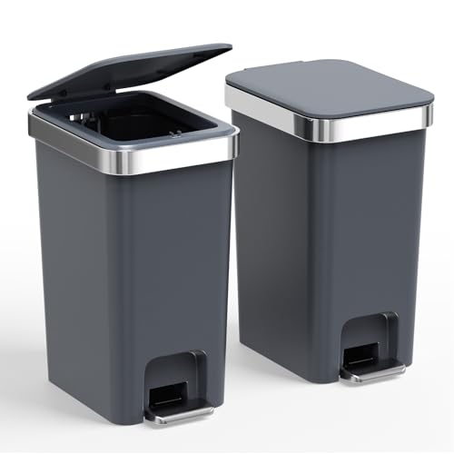 2 Pack Bathroom Trash Can with Lid 2.6 Gallon,Small Step Trash Can | Plastic Garbage Can with Press Top Bin & Foot Pedal Trash Bin, Mini Waste Basket for Bedroom,Home Offices,Dorm,RV(Black Gray) - color: Dark Gray-2 Pack