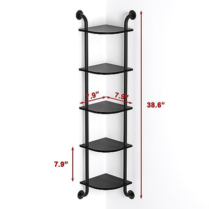 5 Tier Corner Shelf Wall Mount Rustic Industrial Floating Shelves - color: Black