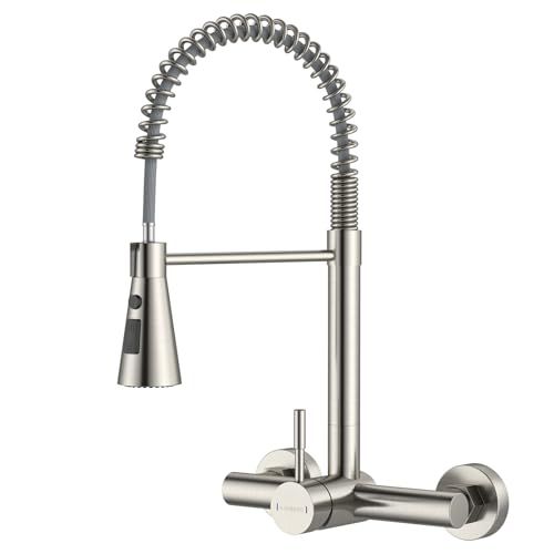 Wall Mount Kitchen Faucet Single Handles, 8 Inch Center Wall Commercial Utility Sink Faucet with Pull Out Sprayer 3 Modes, Stainless Steel, Brushed Nickel - color: Single Handle-Nickel, style: Wall Mount