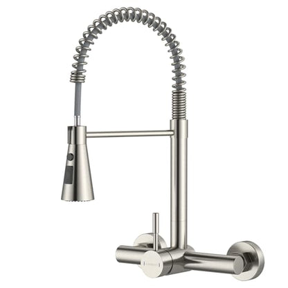 Wall Mount Kitchen Faucet Single Handles, 8 Inch Center Wall Commercial Utility Sink Faucet with Pull Out Sprayer 3 Modes, Stainless Steel, Brushed Nickel - color: Single Handle-Nickel, style: Wall Mount