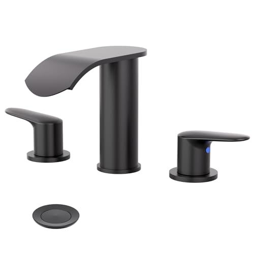 WOWOW Waterfall Bathroom Faucet 3 Hole: 8 Inch Widespread Bathroom Sink Faucet, Matte Black Bathroom Faucet Two Handles Lavatory Vanity Sink Faucets with Pop-up Drain & Supply Hoses - color: Matte Black
