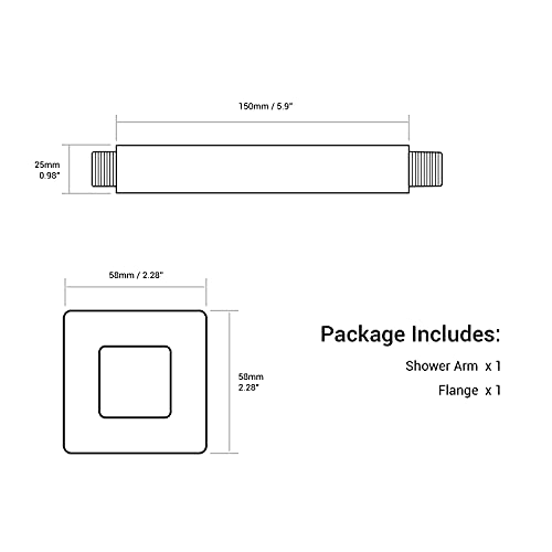 6 Inch Square Matte Black Ceiling Mount Shower Arm and Flange | Stainless Steel, 1/2-Inch NPT, Rain Straight Shower Head Extension Pipe