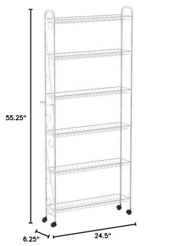 Collections Etc Slim Rolling Pantry 6-Tier Shelf, White Metal with Elegant Scroll Design Accent - Extra Kitchen and Bathroom Storage, 6" - size: 6"