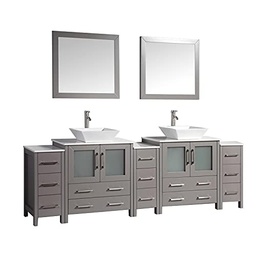 Vanity Art 96 Inch Vessel Double Sink Bathroom Vanity Cabinet with 2 Mirrors, Engineered Marble Top Bathroom Cabinet Compact Set with 13 Dovetail Drawers and Soft Closing Doors, VA3130-96-G - color: Grey, size: 96