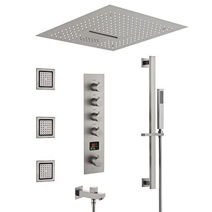Cascada Luxury 16” Music LED Shower System with Digital Display Valves, 4 Functions (Rainfall, Waterfall, Body jets & Handheld) (Polished Stainless Steel) - color: Polished Stainless Steel
