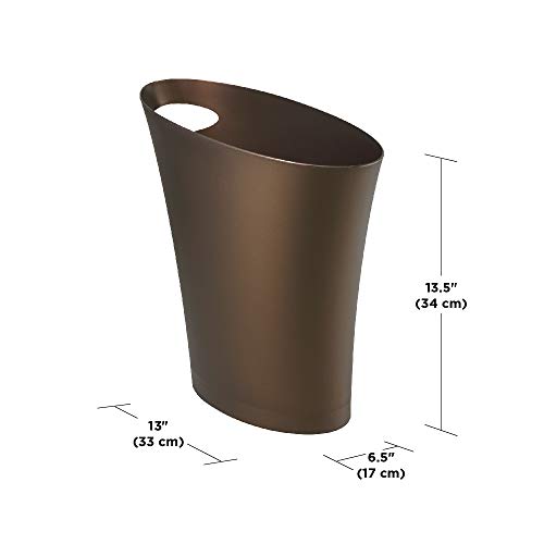 Umbra Skinny Trash Can, Slim Bathroom Garbage Can, 2 Gallon, Bronze | Built-in handle, fits narrow openings and odd spaces, strong construction, easy wipe clean, rounded corners