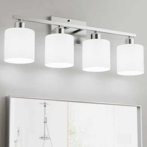 Bathroom Lights Over Mirror Brushed Nickel, Anti-Rust 4-Light Bathroom Vanity Light Fixtures, Modern 24Inches Wall Sconces E26 Base, Milky White Glass Shades, Bulbs Not Included - color: Brushed Nickel-4 Light