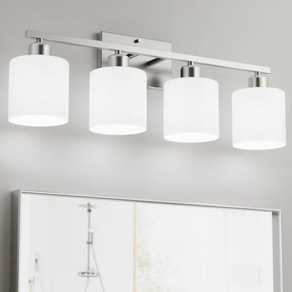 Bathroom Lights Over Mirror Brushed Nickel, Anti-Rust 4-Light Bathroom Vanity Light Fixtures, Modern 24Inches Wall Sconces E26 Base, Milky White Glass Shades, Bulbs Not Included - color: Brushed Nickel-4 Light