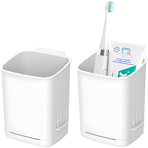 2 Pack Wall Mounted Toothbrush Holders，Removable Drill-Free Wall Shower Holder for Toothbrush,Toothpaste, Razor, Self-draining Self Adhesive Cup in Shower, Kitchen Tableware Organizer(White) - color: White-2pcs