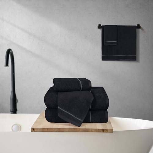 MyOwn Ultra Soft 6 Pack Cotton Towel Set, Contains 2 Bath Towels 28x55 inch, 2 Hand Towels 16x24 inch & 2 Wash Coths 12x12 inch, Ideal Everyday use, Compact & Lightweight - Black - color: Black, size: 6 Piece Set