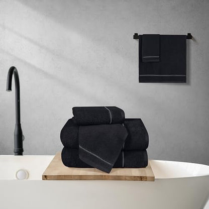 MyOwn Ultra Soft 6 Pack Cotton Towel Set, Contains 2 Bath Towels 28x55 inch, 2 Hand Towels 16x24 inch & 2 Wash Coths 12x12 inch, Ideal Everyday use, Compact & Lightweight - Black - color: Black, size: 6 Piece Set