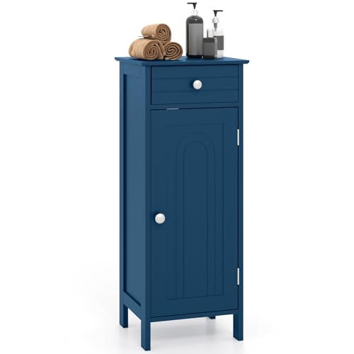 Giantex 34.5" Bathroom Cabinet with Drawer & Single Door (Blue) | Narrow Side Storage Organizer with 6 Shelf Positions, Freestanding Floor Storage Cabinet for Bathroom, Living Room, Entryway - color: Blue, size: 12"D x 14"W x 34.5"H