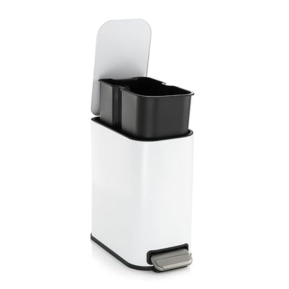 RED FACTOR Slim Small 1.3 Gallon Stainless Steel Pedal Trash Can with Soft Close Lid for Narrow Spaces – Wastebasket Bin with Removable Inner Bucket - color: Metallic White