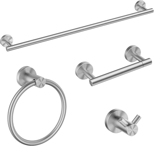 FORIOUS Bathroom Accessories, 4-Piece Bathroom Hardware Set - 18" Towel Bar | Brushed Nickel | Towel Hooks, Towel Racks for Bathroom, Toilet Paper Holder Wall Mounted, Towel Ring | SUS304 Stainless Steel - color: Stainless Steel, size: 18 in | 4 Pieces