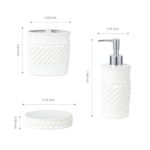 3-Piece White Ceramic Bathroom Accessories Set - Luxurious Soap Dispenser, Toothbrush Holder & Soap Dish with Modern Geo Embossed Design for Bathroom Accessory Set - color: White 024