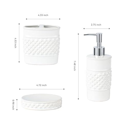 3-Piece White Ceramic Bathroom Accessories Set - Luxurious Soap Dispenser, Toothbrush Holder & Soap Dish with Modern Geo Embossed Design for Bathroom Accessory Set - color: White 024