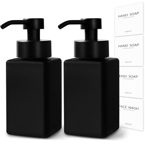 Black Foaming Hand Soap Dispenser, 12oz/350ml Glass Square Foam Soap Dispenser Set, 2Pcs Foaming Soap Dispenser with Foaming Pump, Refillable Soap Foam Dispenser for Bathroom, Kitchen - color: Black Bottle