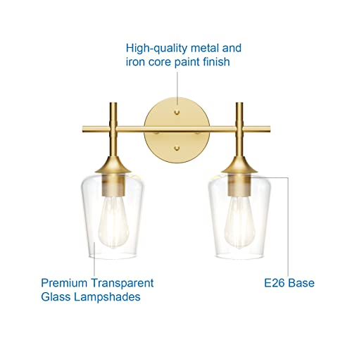 Ralbay Gold Bathroom Light Fixtures 2-Lights with Clear Glass Modern Wall Mount Lighting Industrial Farmhouse Gold Bathroom Vanity Lights Wall Sconce - color: Gold, size: 2-Light