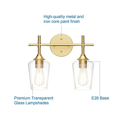 Ralbay Gold Bathroom Light Fixtures 2-Lights with Clear Glass Modern Wall Mount Lighting Industrial Farmhouse Gold Bathroom Vanity Lights Wall Sconce - color: Gold, size: 2-Light