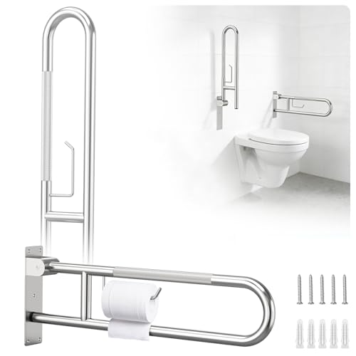 Toilet Grab Bar Support Rail 29.5 Inch, Anti-Slip Knurled Handicap Bathroom Safety Handrails U Shaped Flip-Up with Paper Holder for Elderly Disabled Pregnant, 304 Stainless Steel - size: 29.5in