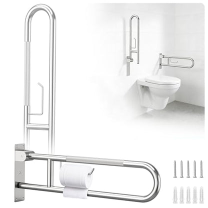 Toilet Grab Bar Support Rail 29.5 Inch, Anti-Slip Knurled Handicap Bathroom Safety Handrails U Shaped Flip-Up with Paper Holder for Elderly Disabled Pregnant, 304 Stainless Steel - size: 29.5in