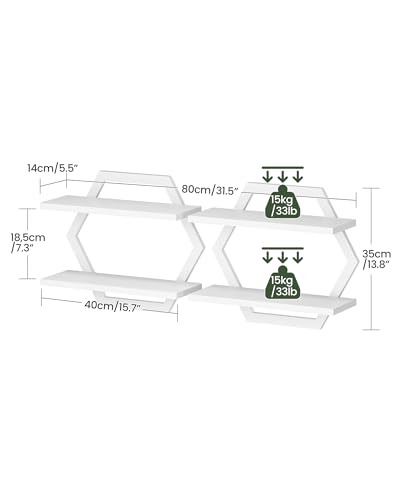 Hexagon Floating Shelves for Wall, Set of 2, 2 -Tier Hanging Shelves, Wall Mounted Storage Shelves, for Living Room, Bedroom, Kitchen, Home Office, Study, White TBJ06P2WB - color: White