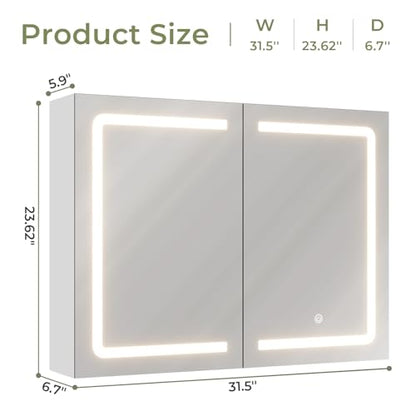 DICTAC Medicine Cabinet with Mirrors and Storage 31.5''x23.6'' Wall Mounted Bathroom Mirror Cabinets with Led Lights Double Doors Mirror Lighted Medicine Cabinets with Adjustable Storage Shelf,White - size: 31.5x23.62 inch