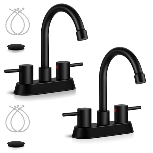2 Pack Matte Black Bathroom Faucet for 3 Hole, Herogo 4 Inch 2-Handle Bathroom Sink Faucet with Pop-Up Drain and Supply Hoses, 18/10 Stainless Steel Faucets for RV Vanity - color: Matte Black, style: Round Handles-2 Set