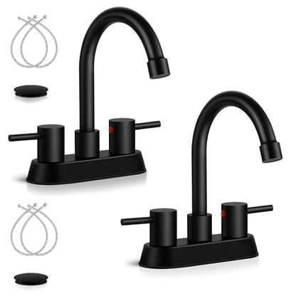 2 Pack Matte Black Bathroom Faucet for 3 Hole, Herogo 4 Inch 2-Handle Bathroom Sink Faucet with Pop-Up Drain and Supply Hoses, 18/10 Stainless Steel Faucets for RV Vanity - color: Matte Black, style: Round Handles-2 Set