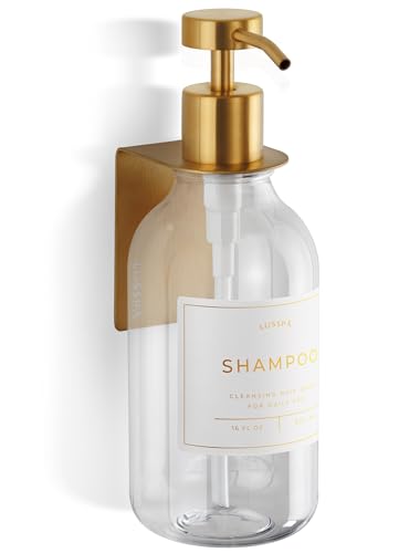 Shower Shampoo Dispenser Wall Mounted – Refillable 16.9 oz Clear Bottle with Stainless Steel Pump & No-Drill Adhesive Holder – Soap Dispenser for Bathroom (1 X Clear/Gold) - color: 1 X Clear/Gold