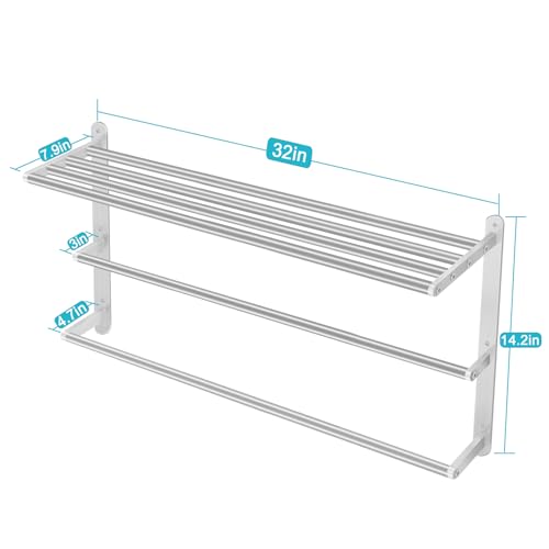 32 inch Towel Racks for Bathroom, VOTZAAQ Towel Shelf with Double Towel Bar, Stainless Steel Towel Storage for Lavatory Wall Mounted, 3-Tier Towel Hanger Towel Holder, Brushed Nickel - size: 32 Inch