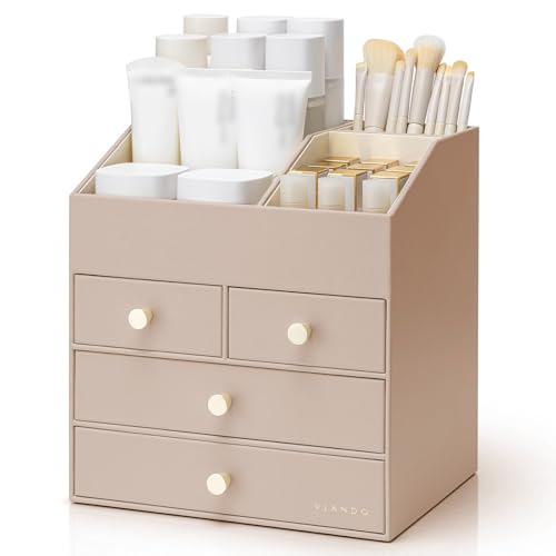 VLANDO Makeup Brush Holder with 4 Drawers,Toffee | PU Leather Desk Organizer,Lipstick,Skincare,Brushes Storage,Gifts for Women,Dressing Room,Home Aesthetics - color: Toffee, size: 4 Layer