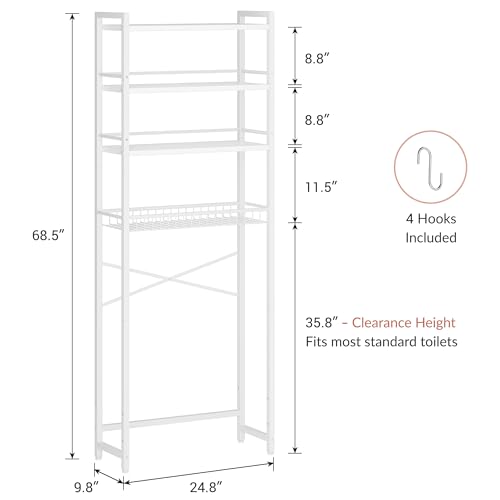 Over The Toilet Storage Shelf, 4-Tier Bathroom Organizer with Basket & Hooks, Sturdy Space Saver for Small Bathrooms, White - color: White