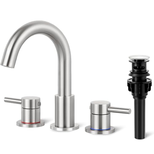 Bathroom Faucet 3 Hole Brushed Nickel, 2-Handle Widespread Faucet | Lead-free stainless steel, pop-up drain, Detachable faucet aerator, 360°swivel, for RV & vanity sink 3-hole mount - color: 1-Brushed Nickel, style: 8 Inch Widespread