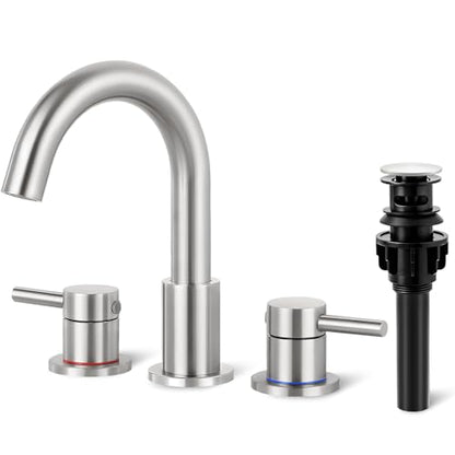 Bathroom Faucet 3 Hole Brushed Nickel, 2-Handle Widespread Faucet | Lead-free stainless steel, pop-up drain, Detachable faucet aerator, 360°swivel, for RV & vanity sink 3-hole mount - color: 1-Brushed Nickel, style: 8 Inch Widespread