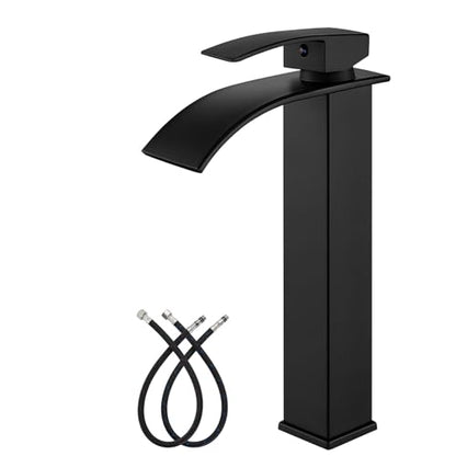 gotonovo Waterfall Tall Bathroom Faucet 1 Hole No Drain, Matte Black | Modern Vessel Sink Faucet Single Handle 304 Stainless Steel,24” cUPC Supply Hoses,for Bowl Basin Lavatory Vanity Restroom RV - color: Black