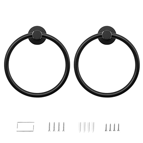 2 Pack Towel Ring, Hand Towel Holder No Drilling Heavy Duty Simple Round Towel Holder Wall Mount Towel Rack Matte Black (Black-2) - color: Black-2