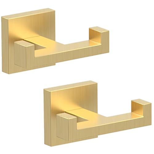 BOZWELL Double Towel Hooks for Bathroom Light Brushed Gold Wall Mount，2 Pack Modern Square Style Coat Robe Hook，Stainless Steel Heavy Duty Door Hanger for Bathroom Bedroom Kitchen Hotel Pool 1502-G-2 - color: Light Brushed Gold, size: 2 Double Hooks