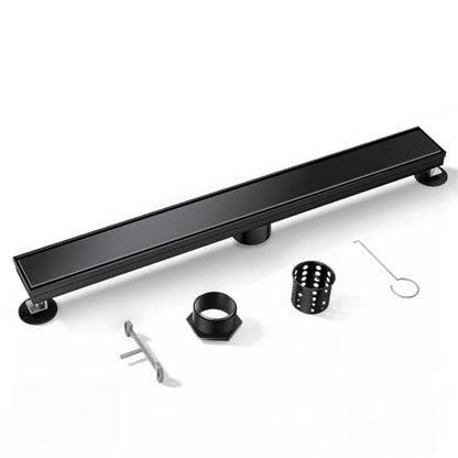 Linear Shower Drain 48inch，Black 304 Stainless Steel Tile Insert Cover & Adjustable Leveling Feet Shower Floor Drain with Hair Catcher Fits Balcony Bathroom - color: Matte Black, size: 48inch