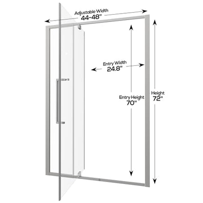 44-48" W x 72" H Pivot Shower Doors, Semi-Frameless Swing Water Repellent Glass Shower Doors with 1/4" (6mm) Clear SGCC Tempered Glass, Chrome Finish, Reversible Installation, Magnetic Closing | 1/4" (6mm) Clear SGCC Tempered Glass with a 24.8" walk-in op