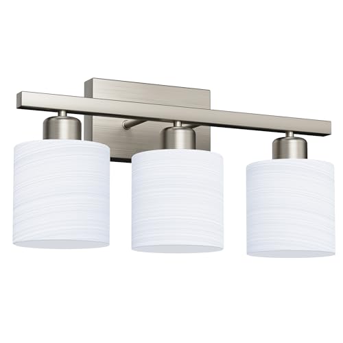 Bathroom Light Fixtures, Bathroom Lighting Fixtures Over Mirror, Classic Vanity Lights, Modern Vanity Light with Textured Frosted Opal White Glass Shades, Brushed Nickel, 3-Light - color: ‎Brushed Nickel, size: 3-Light
