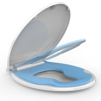 17" Round Toddler Toilet Seat, Built-In Potty Training Seat with Soft Quiet Close Non-Slip Design, Magnetic Kids Seat and Cover for Family Bathrooms, Durable and Easy to Clean,Blue - color: Blue, with Toddler Seat, size: Round (17″)