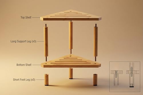 Bamboo Corner Shower Stool, 2-Tier Waterproof Bath Bench with Storage Shelf, Shower Foot Rest for Bathroom Spa Shaving