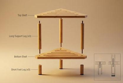 Bamboo Corner Shower Stool, 2-Tier Waterproof Bath Bench with Storage Shelf, Shower Foot Rest for Bathroom Spa Shaving