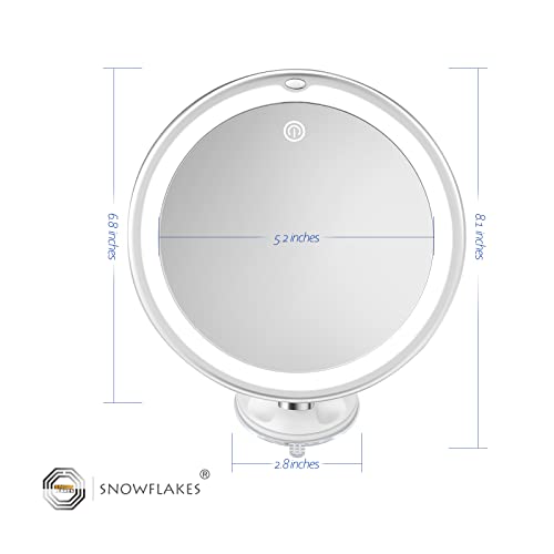 Snowflakes 10x Magnifying Lighted Makeup Mirror with Lights, Suction Cups, and 360° Swivel – Touch Control, 3 Light Modes – Ideal for Home, Bathroom Vanity, and Travel